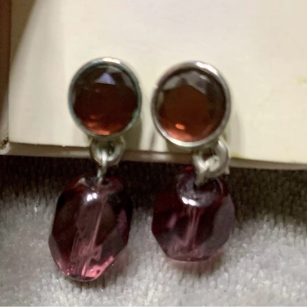 Faceted Plum Drop Clip On Earrings with Silver Accents
